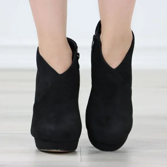 Black High Heel Platform Ankle Boots Stilettos Faux Suede - Picture 9 of 12